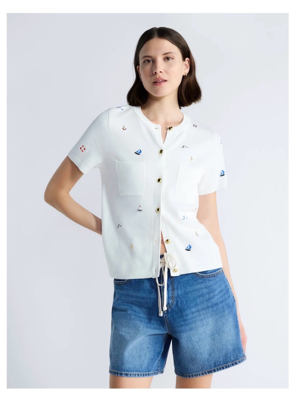 Free Assembly Women’s Embroidered Cardigan Sweater with Short Sleeves